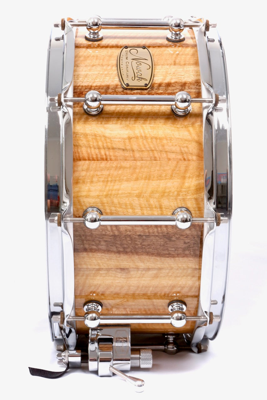 Marri Fiddleback Block Stave Snare Drum. High Gloss Finish. 14″ x 6 1/2″ Chrome Hardware