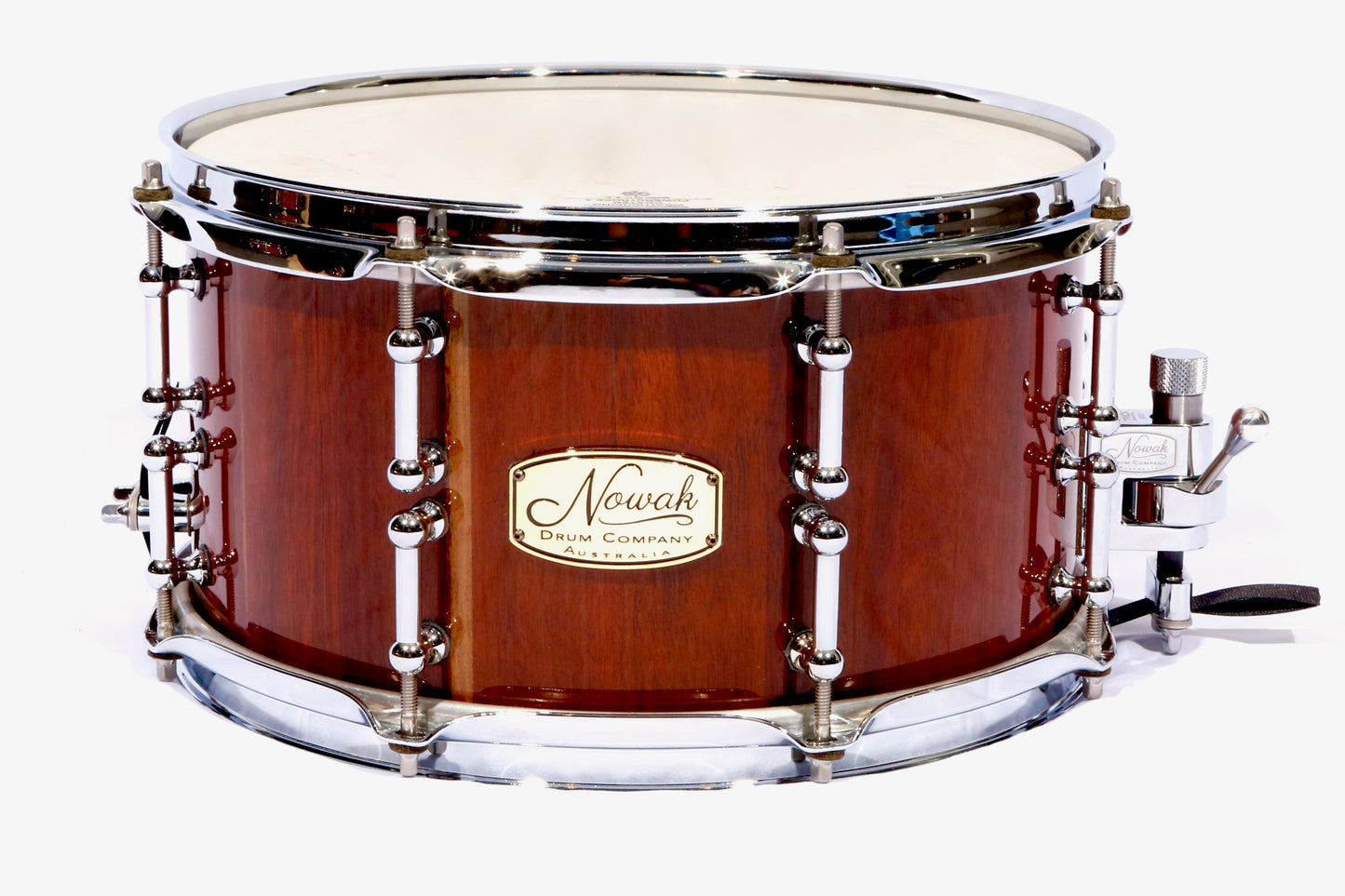 Jarrah Block Stave Snare Drum. Ultra High Gloss. 12″ x 6 1/2″ Chrome Hardware