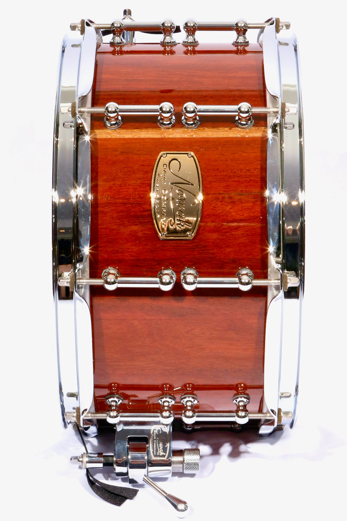 Jarrah Block Stave Snare Drum. Ultra High Gloss. 12″ x 6 1/2″ Chrome Hardware