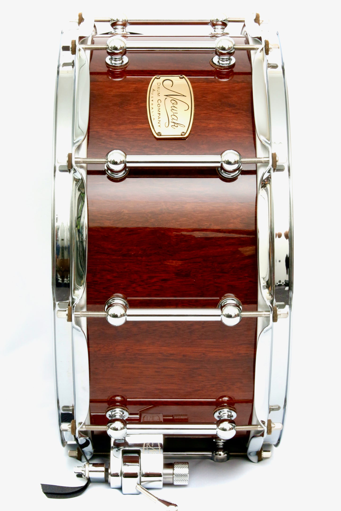 Jarrah Block Stave Snare Drum. Ultra High Gloss. 14″ x 6 1/2″ Chrome Hardware