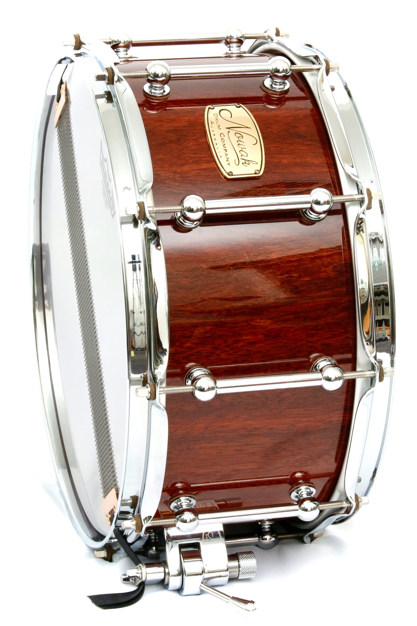 Jarrah Block Stave Snare Drum. Ultra High Gloss. 14″ x 6 1/2″ Chrome Hardware