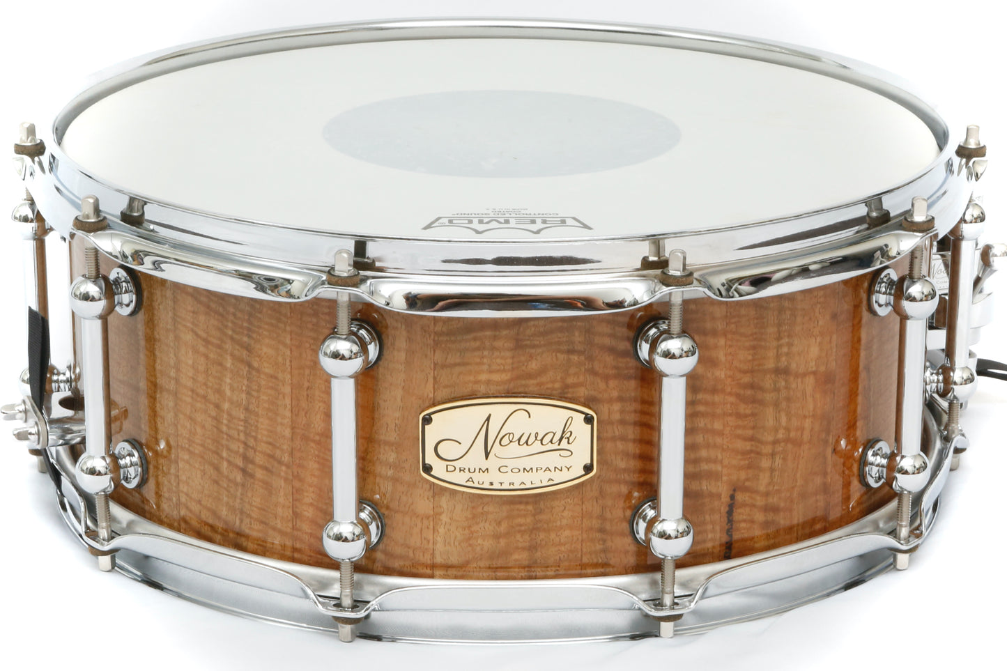 Marri (Fiddleback) Block Stave Snare Drum. Ultra High Gloss. 14″ x 5 1/2″ Chrome Hardware