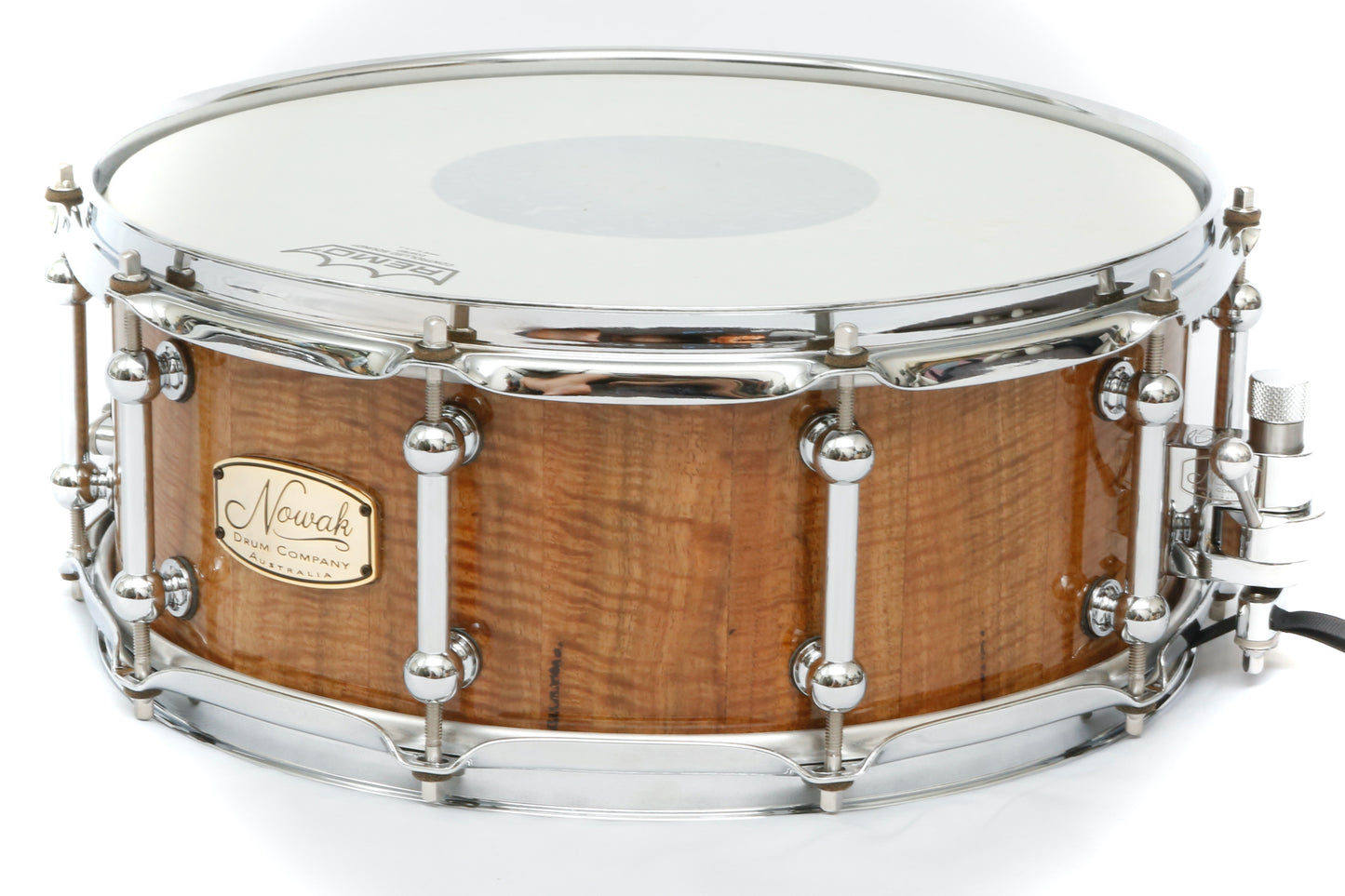 Marri (Fiddleback) Block Stave Snare Drum. Ultra High Gloss. 14″ x 5 1/2″ Chrome Hardware