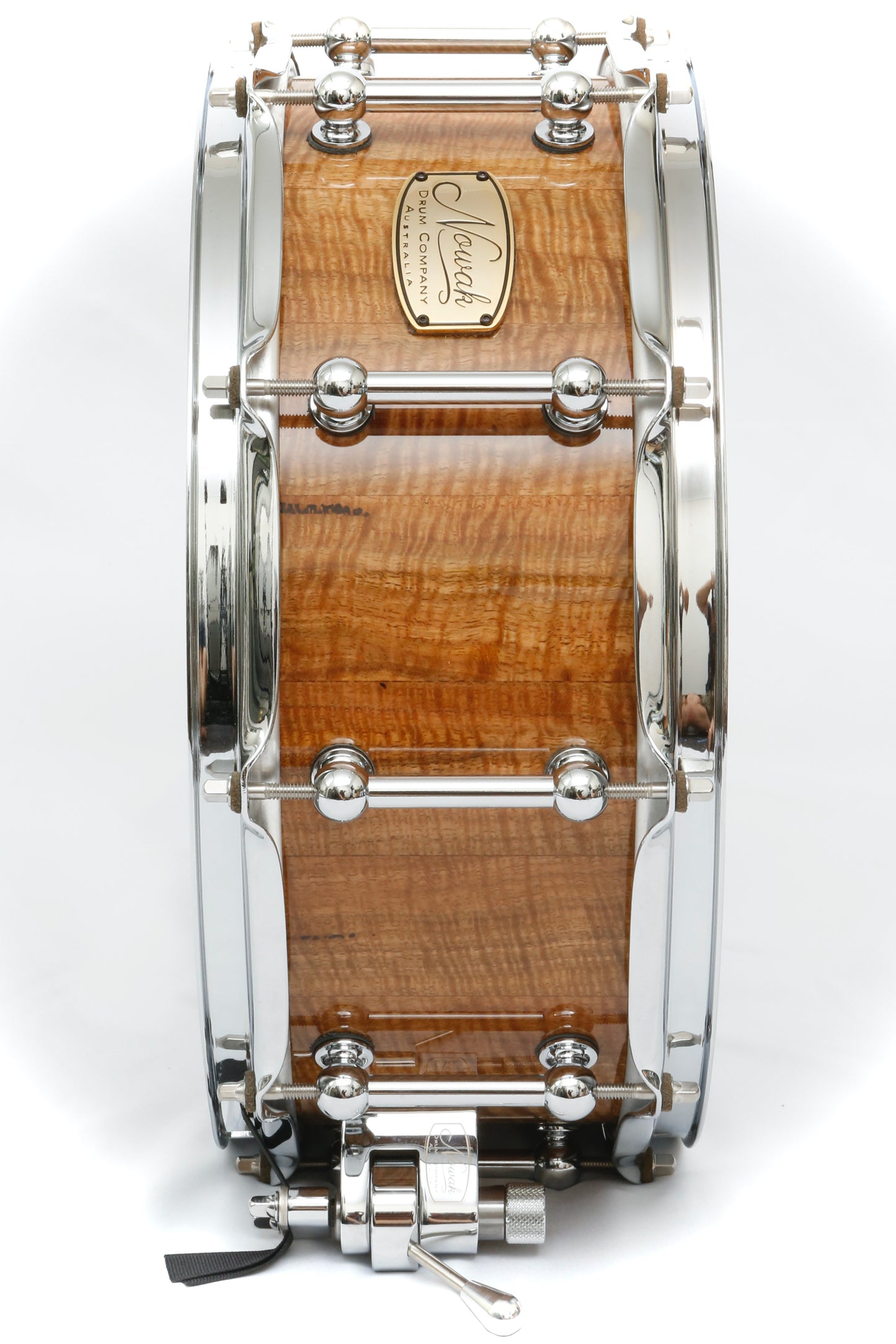 Marri (Fiddleback) Block Stave Snare Drum. Ultra High Gloss. 14″ x 5 1/2″ Chrome Hardware
