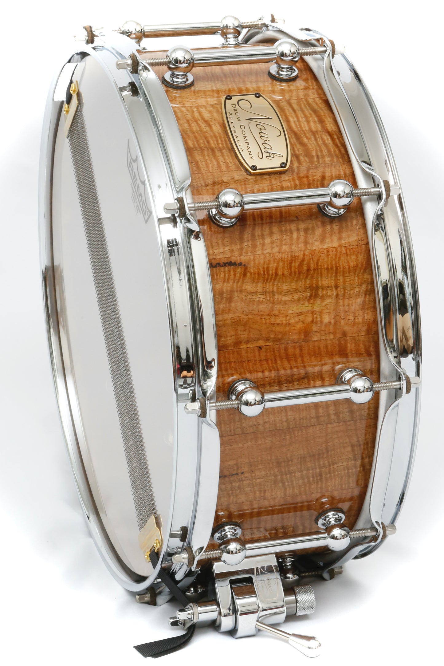 Marri (Fiddleback) Block Stave Snare Drum. Ultra High Gloss. 14″ x 5 1/2″ Chrome Hardware