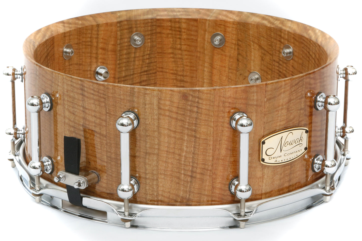 Marri (Fiddleback) Block Stave Snare Drum. Ultra High Gloss. 14″ x 5 1/2″ Chrome Hardware
