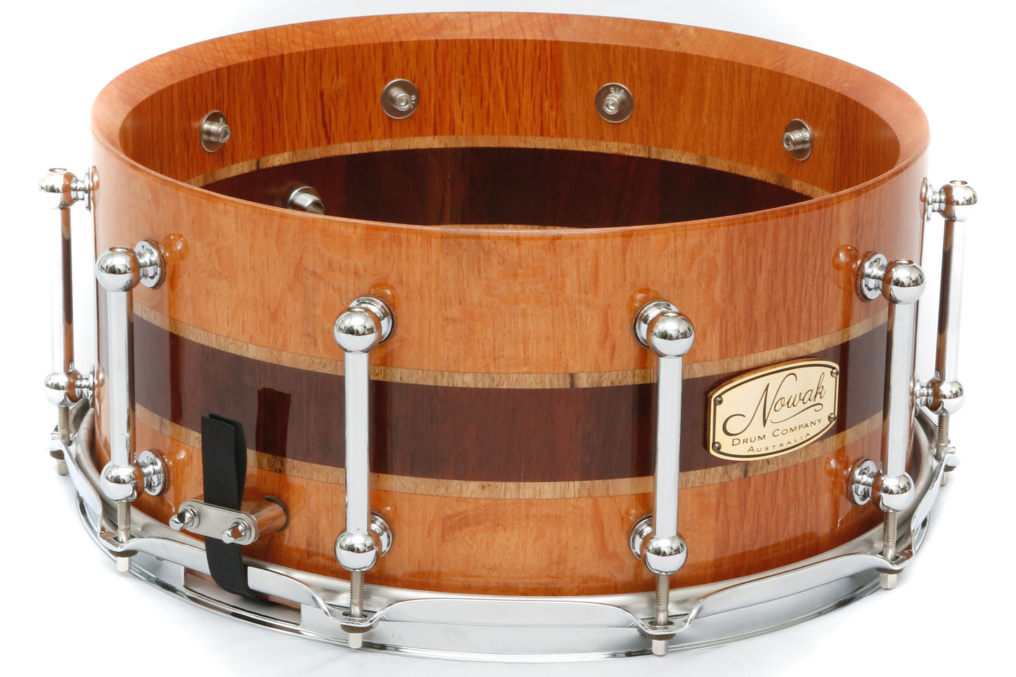 Sheoak, Marri & Jarrah Block Stave Snare Drum. Ultra High Gloss. 14″ x 6 1/2″ Chrome Hardware