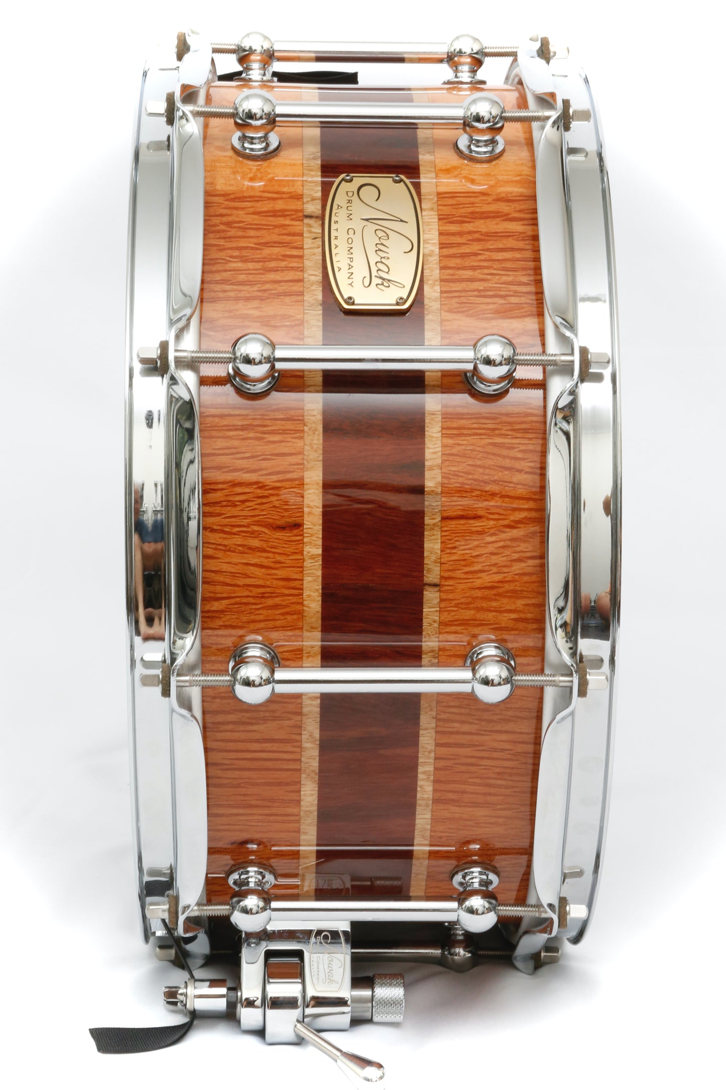 Sheoak, Marri & Jarrah Block Stave Snare Drum. Ultra High Gloss. 14″ x 6 1/2″ Chrome Hardware