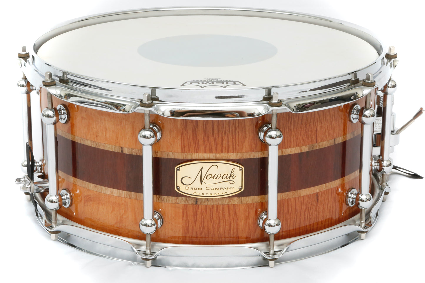 Sheoak, Marri & Jarrah Block Stave Snare Drum. Ultra High Gloss. 14″ x 6 1/2″ Chrome Hardware