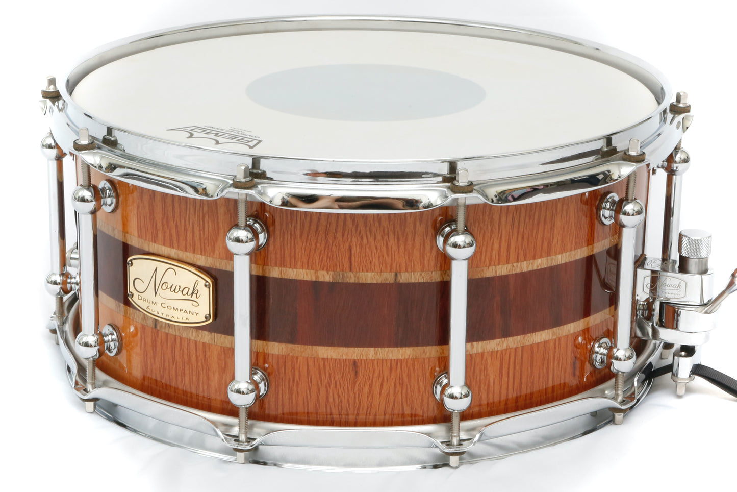 Sheoak, Marri & Jarrah Block Stave Snare Drum. Ultra High Gloss. 14″ x 6 1/2″ Chrome Hardware