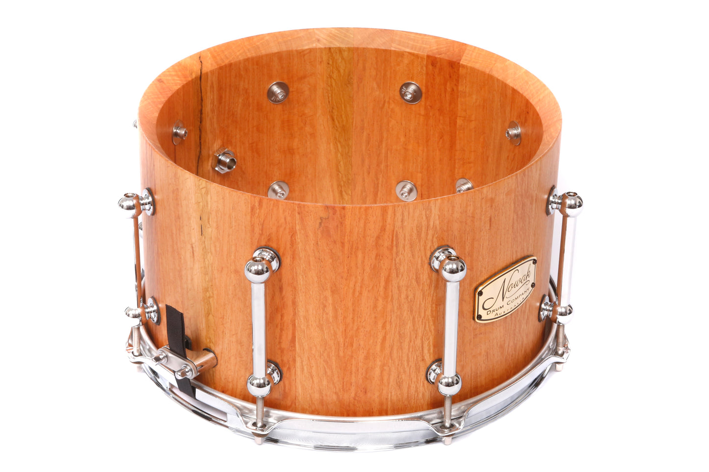 Sheoak Block Stave Snare Drum. Natural Finish. 12″ x 7″ Chrome Hardware
