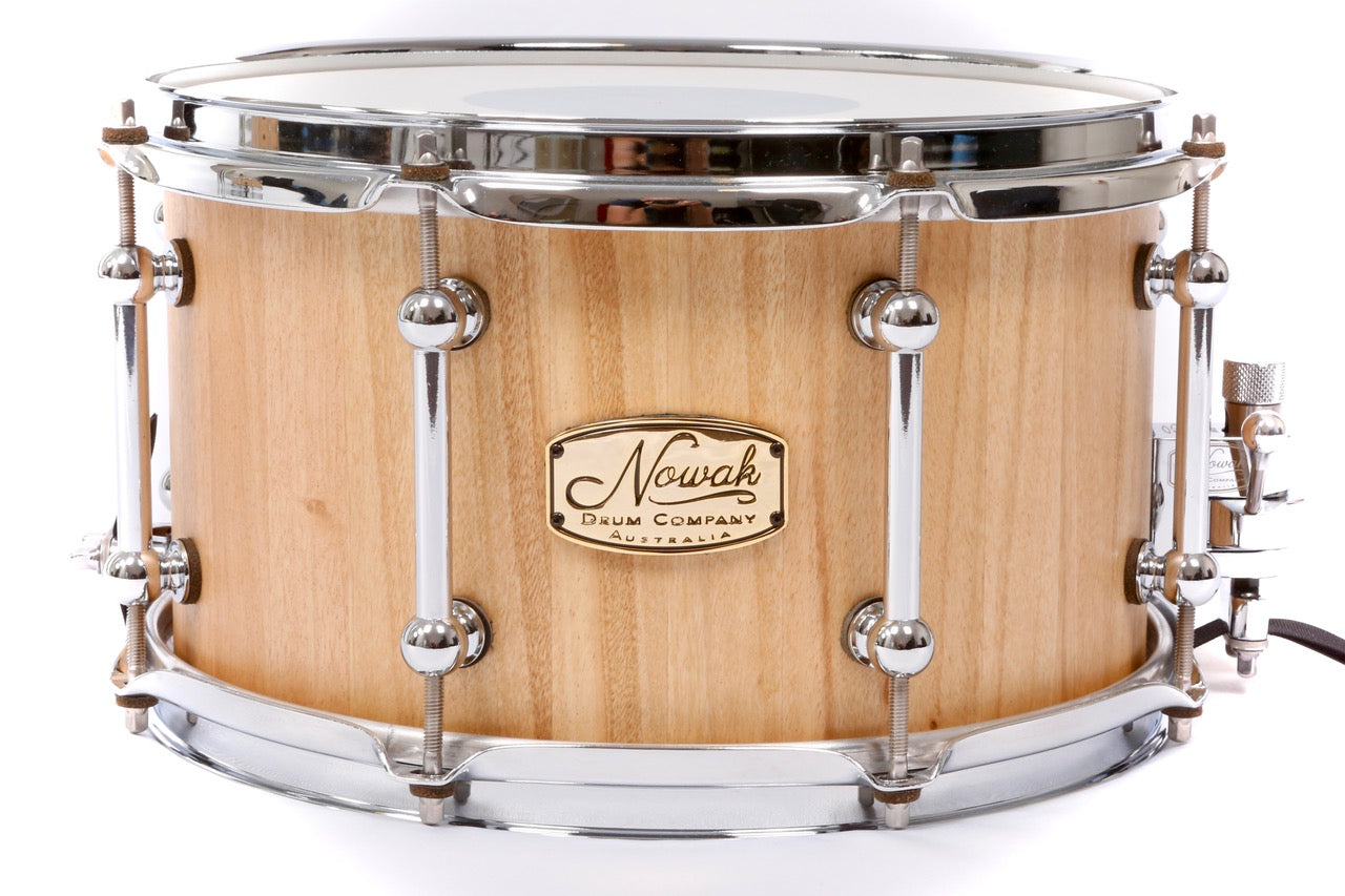 Blackbutt Block Stave Snare Drum.  Natural Finish. 12″ x 7″ Chrome Hardware