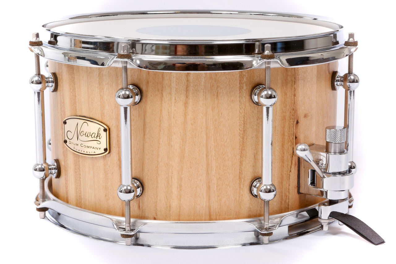Blackbutt Block Stave Snare Drum.  Natural Finish. 12″ x 7″ Chrome Hardware