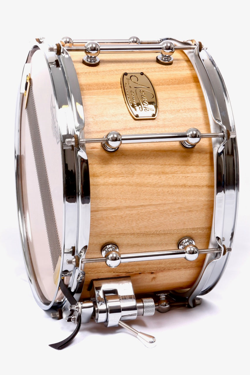 Blackbutt Block Stave Snare Drum.  Natural Finish. 12″ x 7″ Chrome Hardware