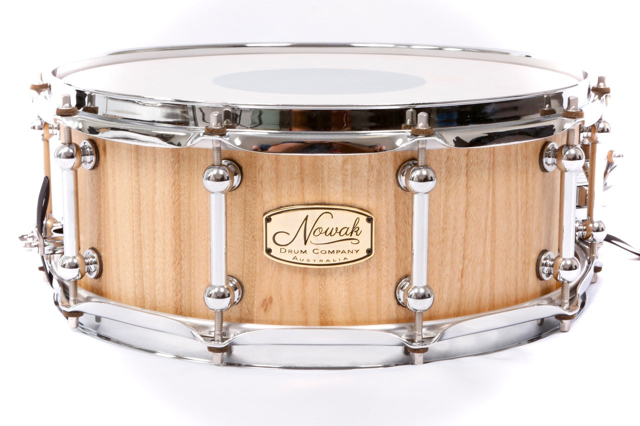 Blackbutt Block Stave Snare Drum.  Natural Finish. 14″ x 5 1/2″ Chrome Hardware