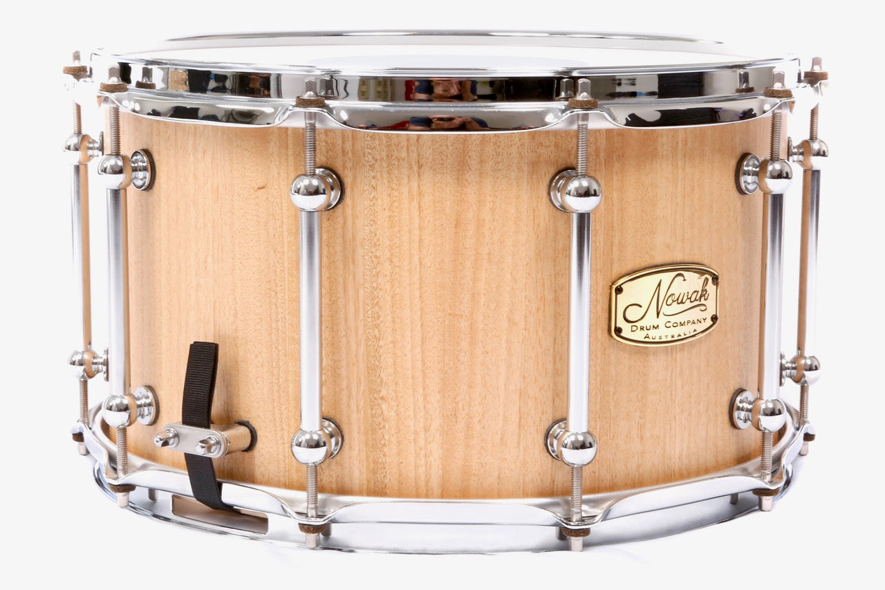 Blackbutt Block Stave Snare Drum.  Natural Finish. 14″ x 8″ Chrome Hardware