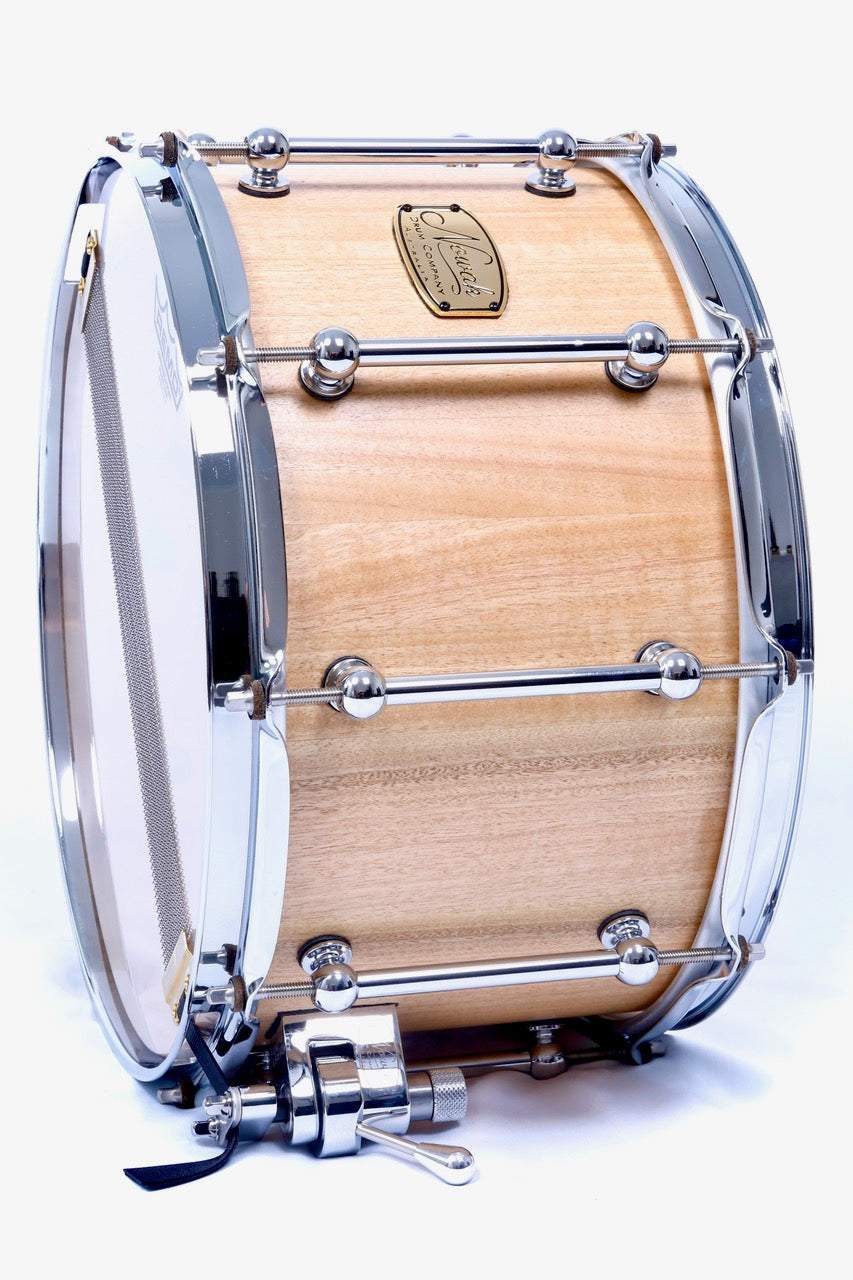 Blackbutt Block Stave Snare Drum.  Natural Finish. 14″ x 8″ Chrome Hardware