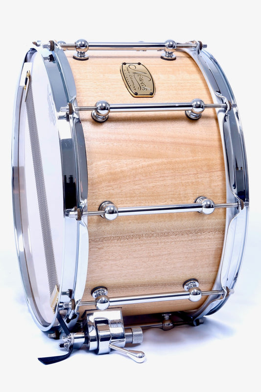 Blackbutt Block Stave Snare Drum.  Natural Finish. 14″ x 8″ Chrome Hardware