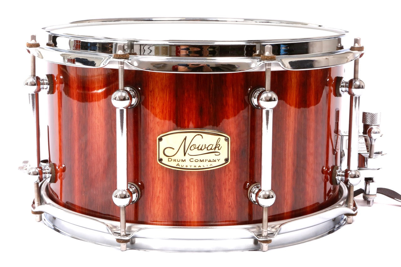 Jarrah Block Stave Snare Drum.  High Gloss. 12″ x 7″ Chrome Hardware