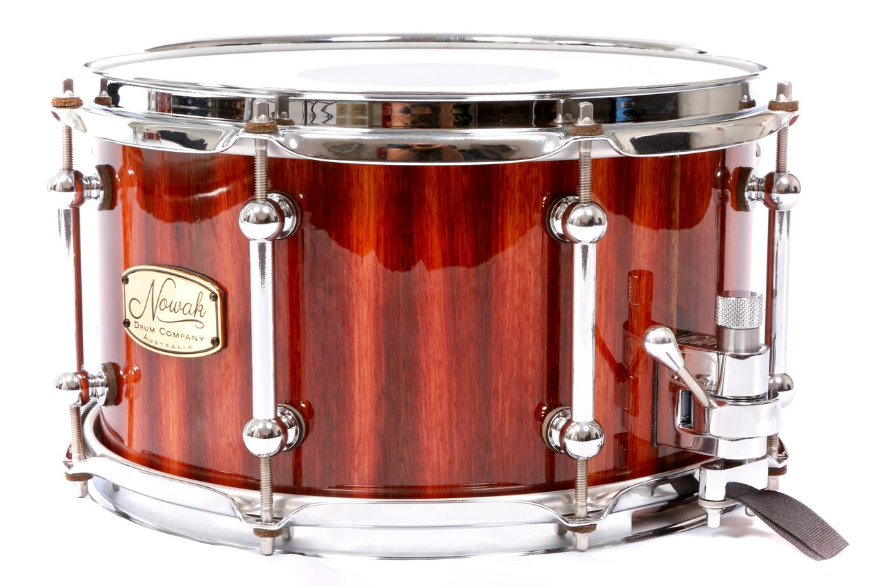 Jarrah Block Stave Snare Drum.  High Gloss. 12″ x 7″ Chrome Hardware