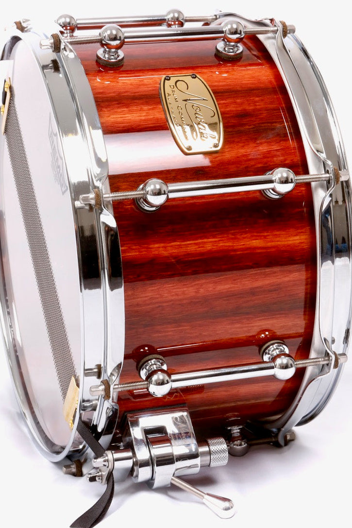 Jarrah Block Stave Snare Drum.  High Gloss. 12″ x 7″ Chrome Hardware