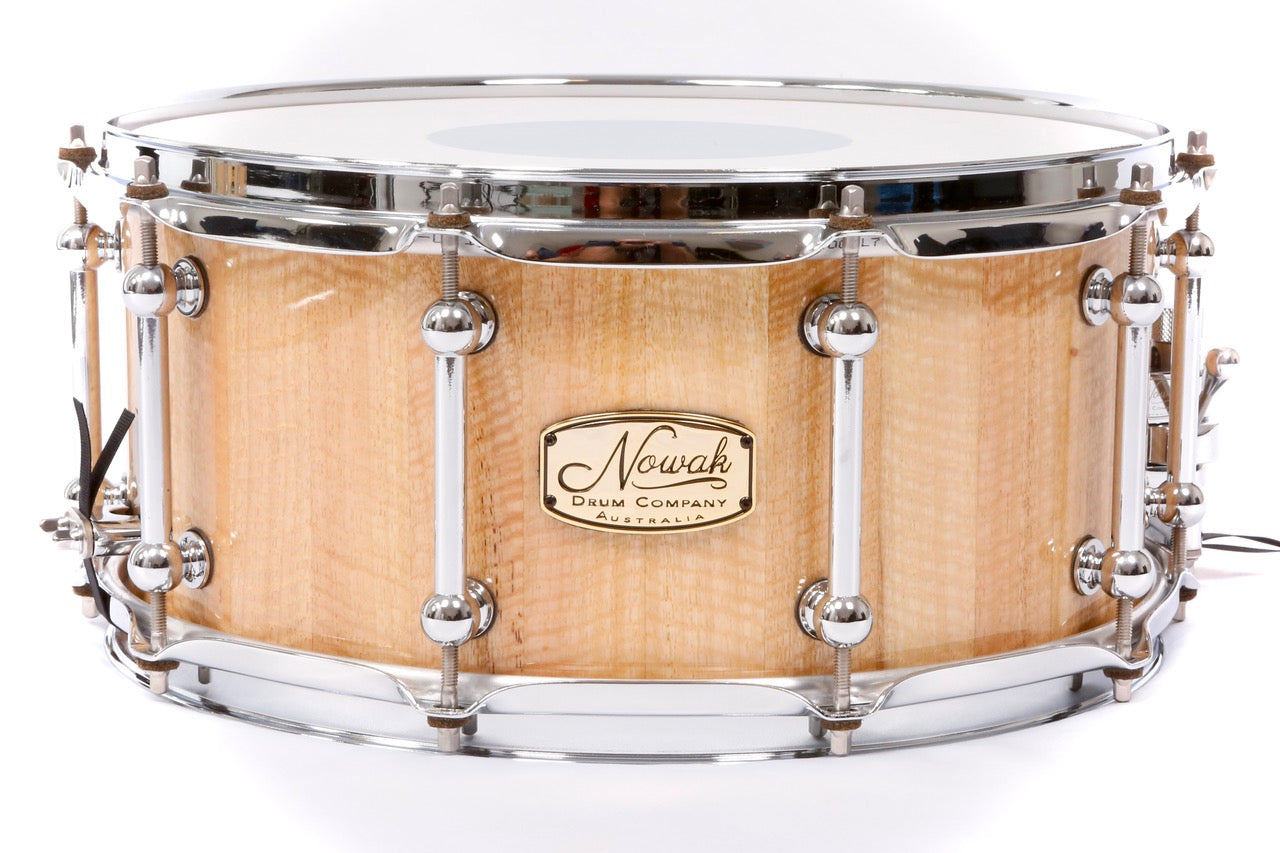 Marri Fiddleback (Quilted) Block Stave Snare Drum.  High Gloss Finish. 14″ x 6 1/2″ Chrome Hardware