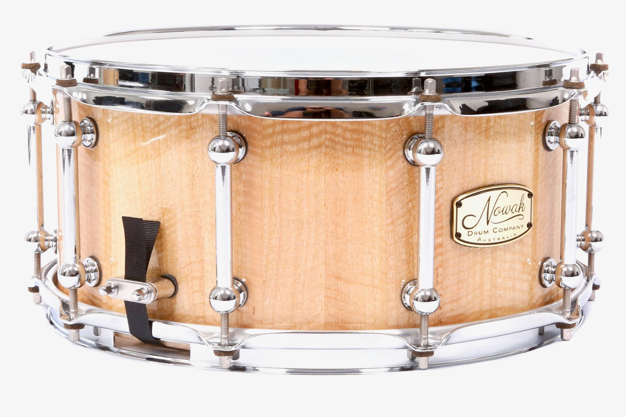 Marri Fiddleback (Quilted) Block Stave Snare Drum.  High Gloss Finish. 14″ x 6 1/2″ Chrome Hardware