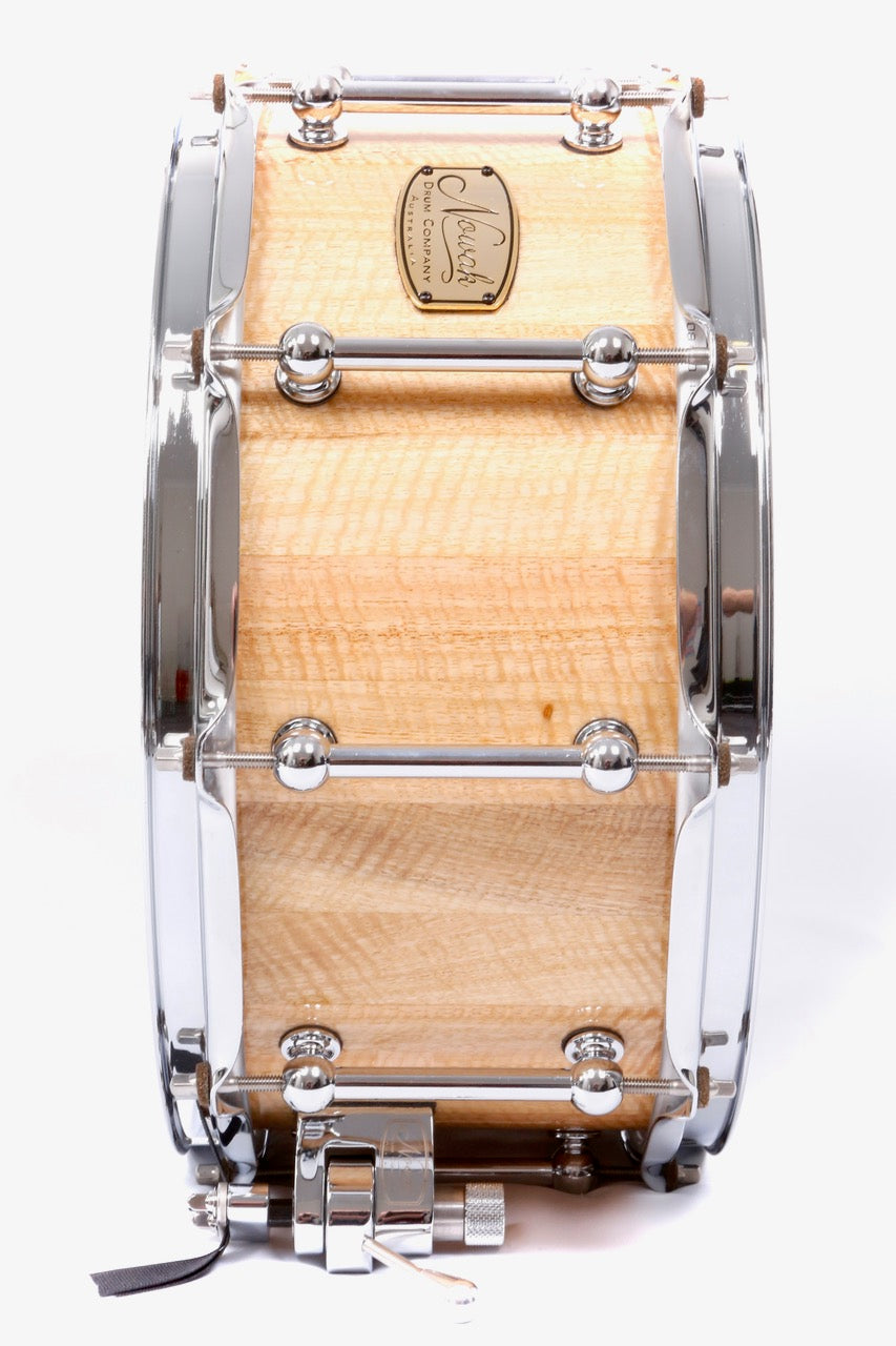 Marri Fiddleback (Quilted) Block Stave Snare Drum.  High Gloss Finish. 14″ x 6 1/2″ Chrome Hardware
