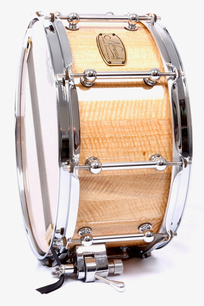 Marri Fiddleback (Quilted) Block Stave Snare Drum.  High Gloss Finish. 14″ x 6 1/2″ Chrome Hardware