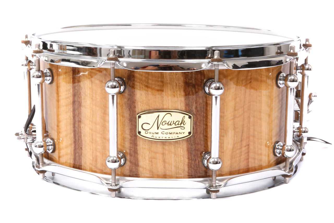 Marri Fiddleback Block Stave Snare Drum. High Gloss Finish. 14″ x 6 1/2″ Chrome Hardware