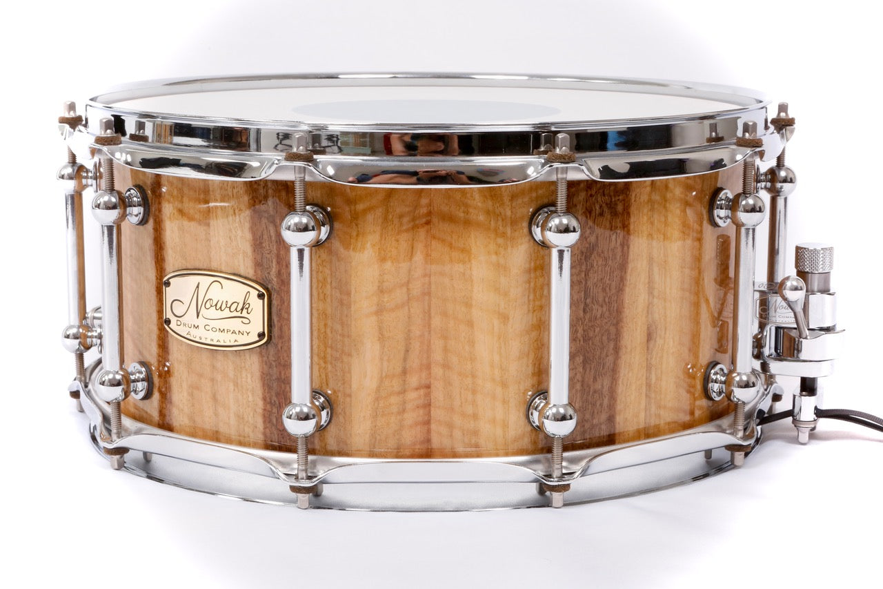 Marri Fiddleback Block Stave Snare Drum. High Gloss Finish. 14″ x 6 1/2″ Chrome Hardware