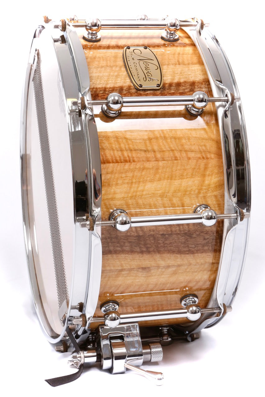 Marri Fiddleback Block Stave Snare Drum. High Gloss Finish. 14″ x 6 1/2″ Chrome Hardware