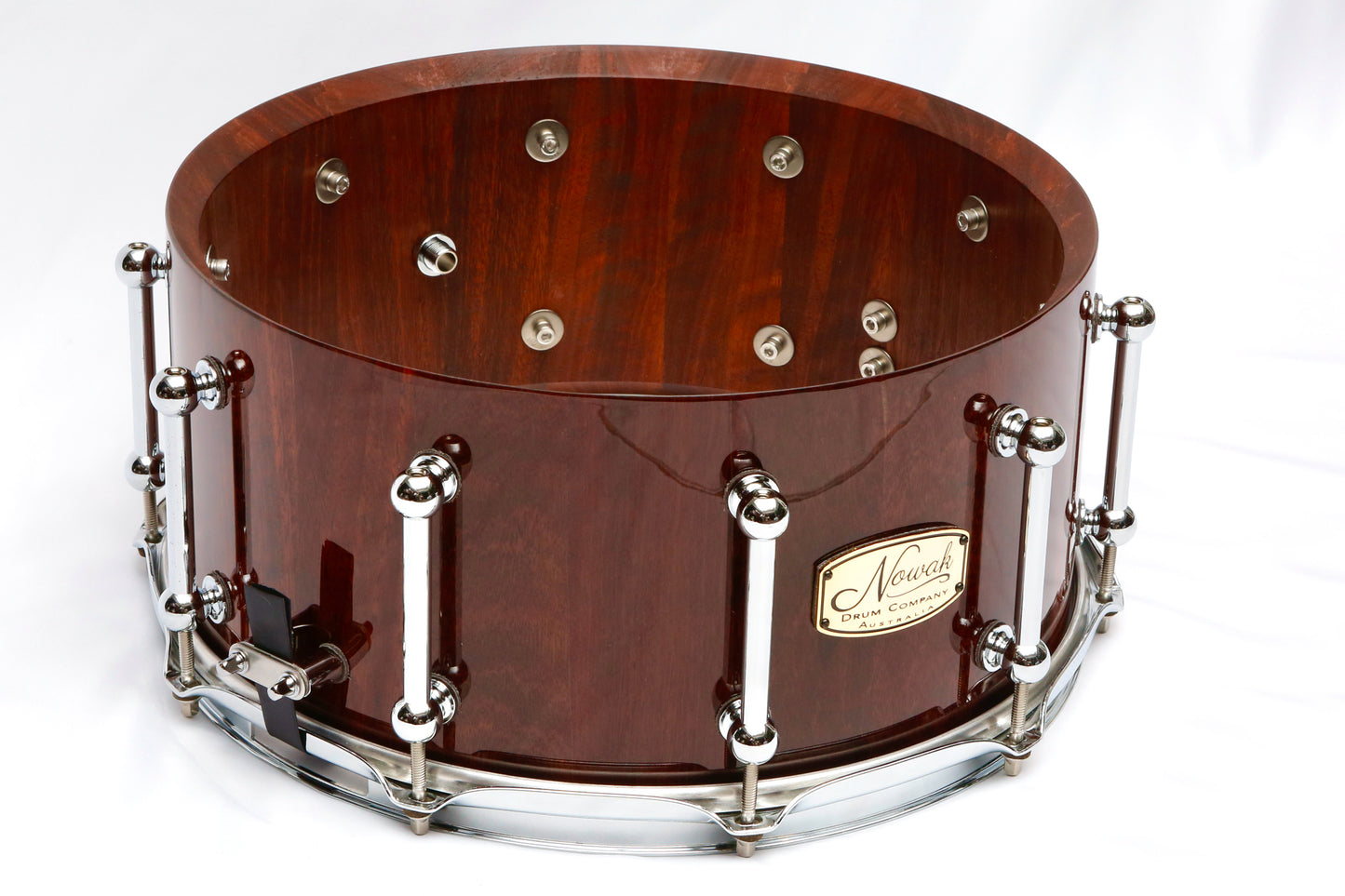 Jarrah Block Stave Snare Drum. Ultra High Gloss. 14″ x 6 1/2″ Chrome Hardware