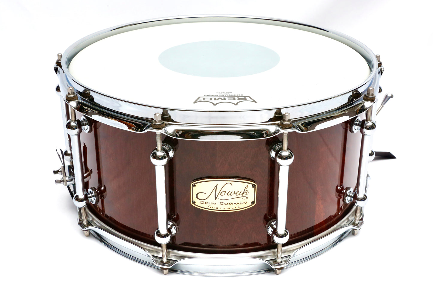 Jarrah Block Stave Snare Drum. Ultra High Gloss. 14″ x 6 1/2″ Chrome Hardware