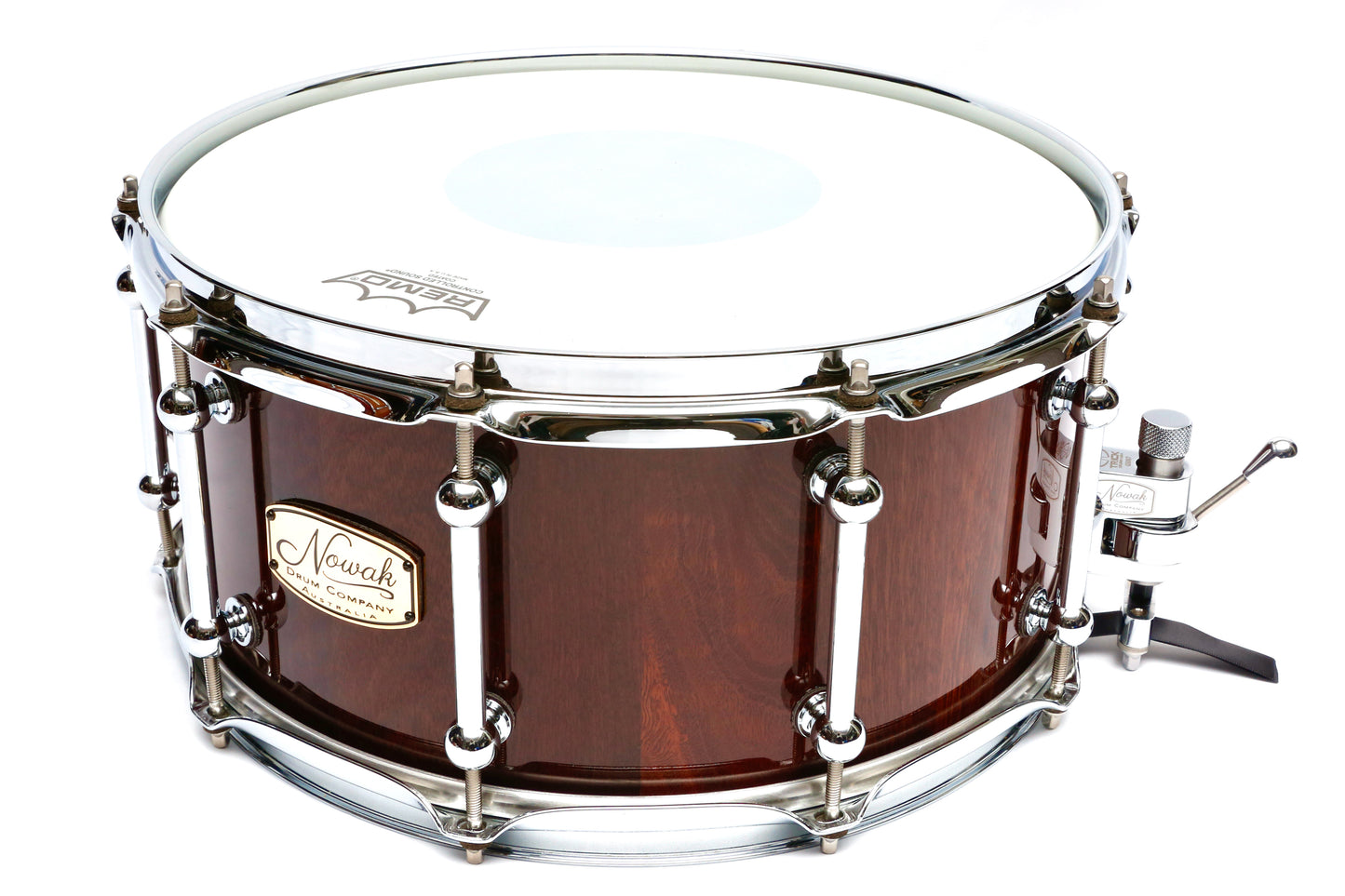 Jarrah Block Stave Snare Drum. Ultra High Gloss. 14″ x 6 1/2″ Chrome Hardware