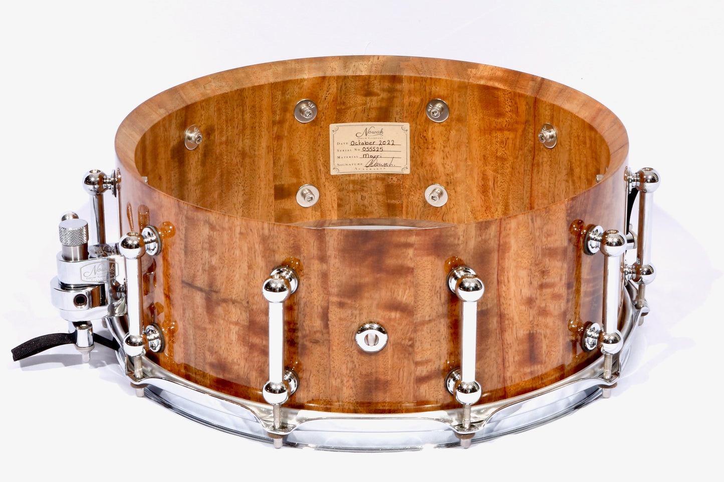 Marri Block Stave Snare Drum. Ultra High Gloss Finish. 14″ x 5 1/2″ Chrome Hardware