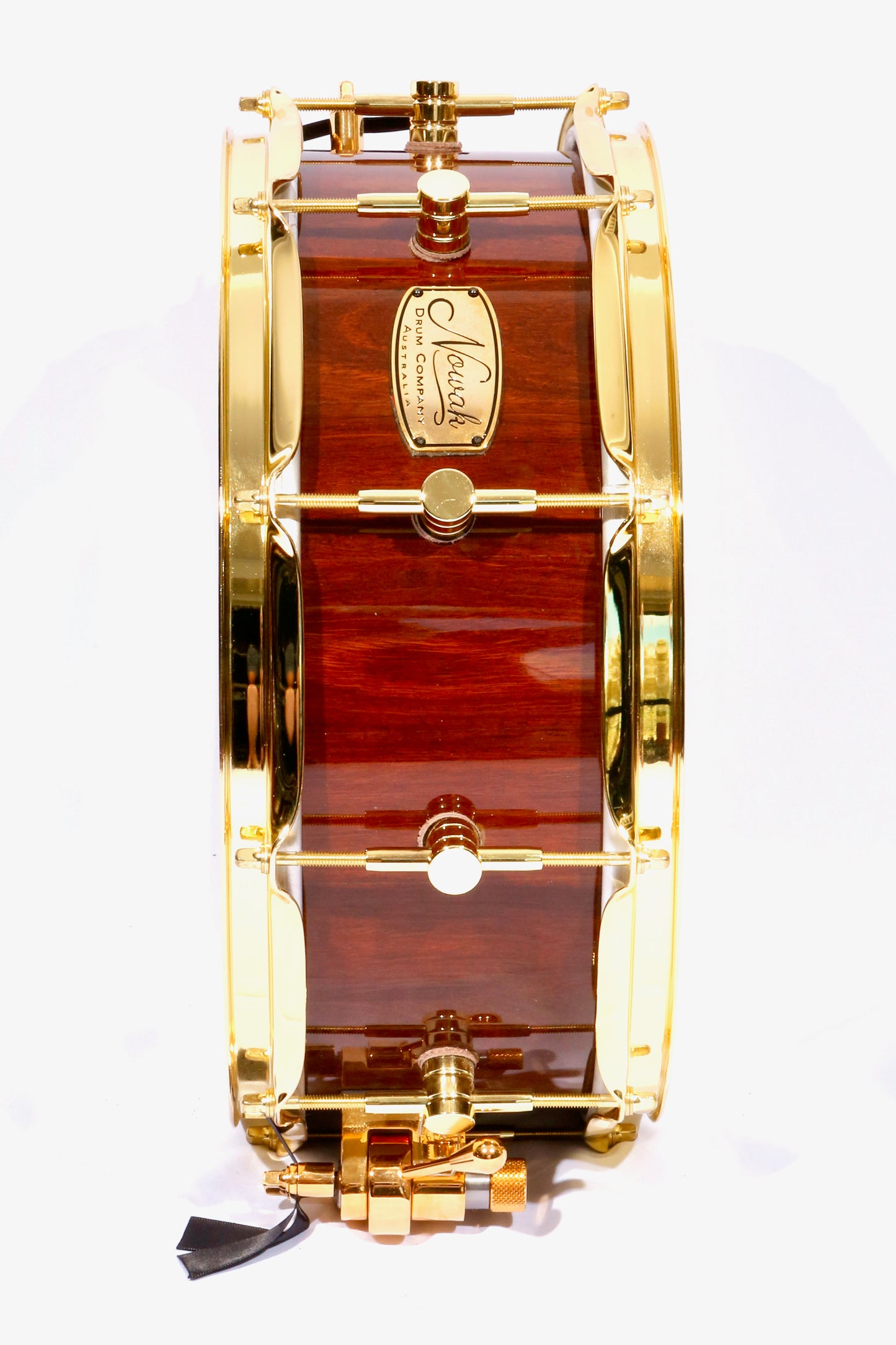 Jarrah Block Stave Snare Drum. Ultra High Gloss. 14″ x 5 1/2″ Gold Hardware