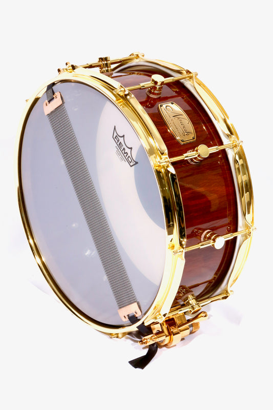 Jarrah Block Stave Snare Drum. Ultra High Gloss. 14″ x 5 1/2″ Gold Hardware