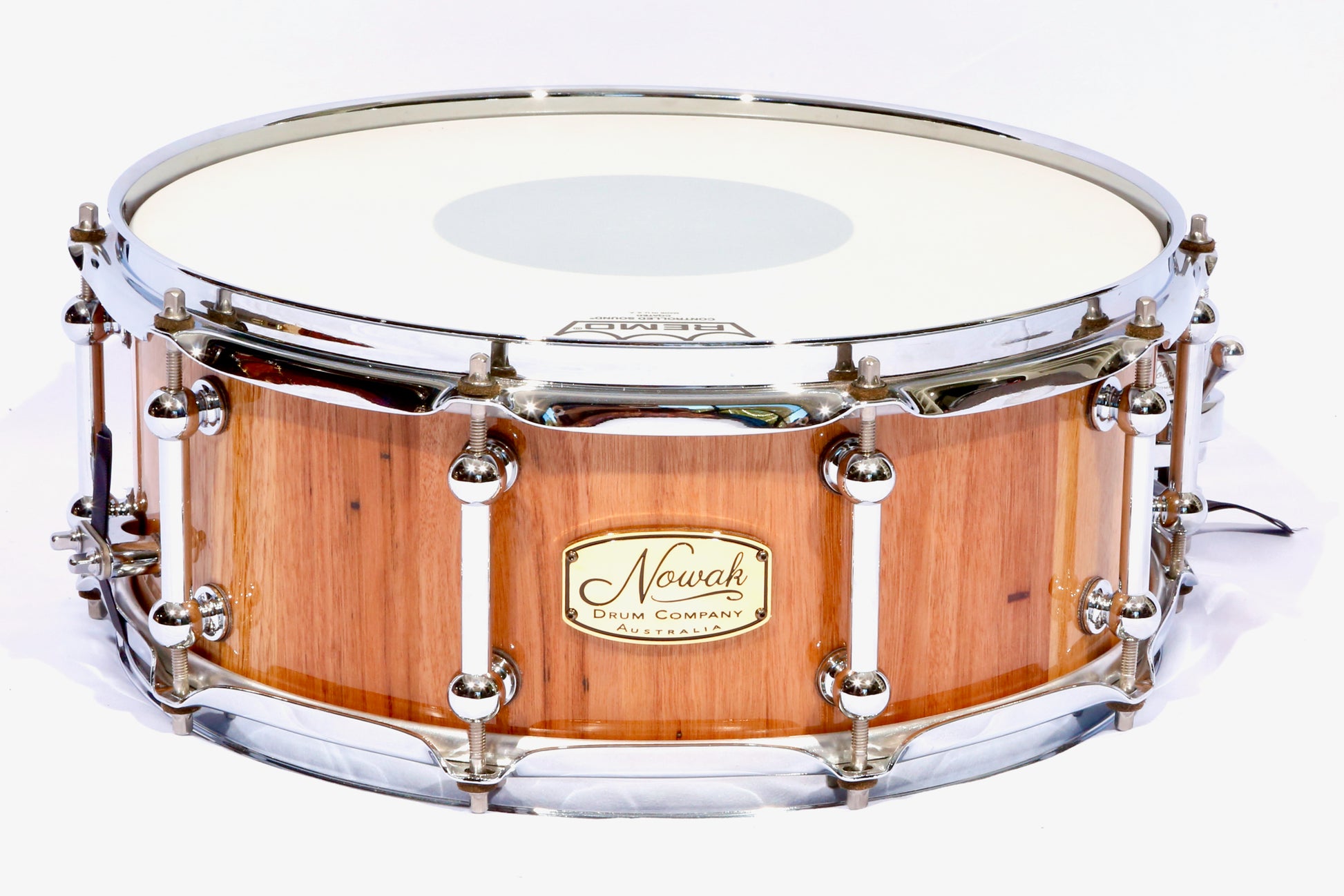 Blackbutt Block Stave Snare Drum. Ultra High Gloss Finish. 14″ x 5 1/2″ Chrome Hardware