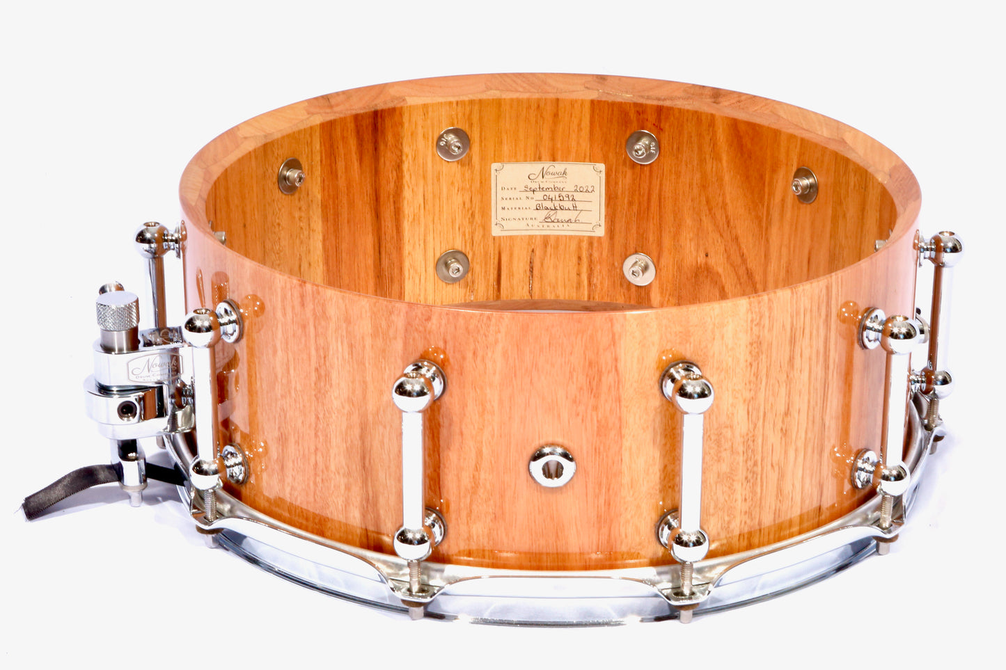 Blackbutt Block Stave Snare Drum. Ultra High Gloss Finish. 14″ x 5 1/2″ Chrome Hardware