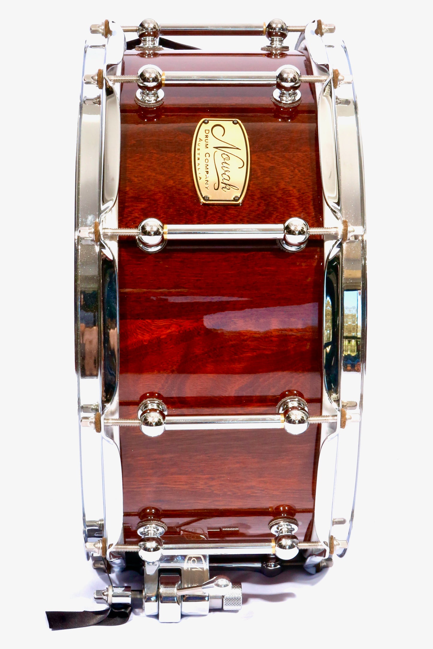 Jarrah Block Stave Snare Drum. Ultra High Gloss. 14″ x 6 1/2″ Chrome Hardware