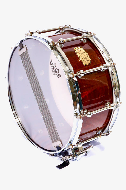 Jarrah Block Stave Snare Drum. Ultra High Gloss. 14″ x 6 1/2″ Chrome Hardware