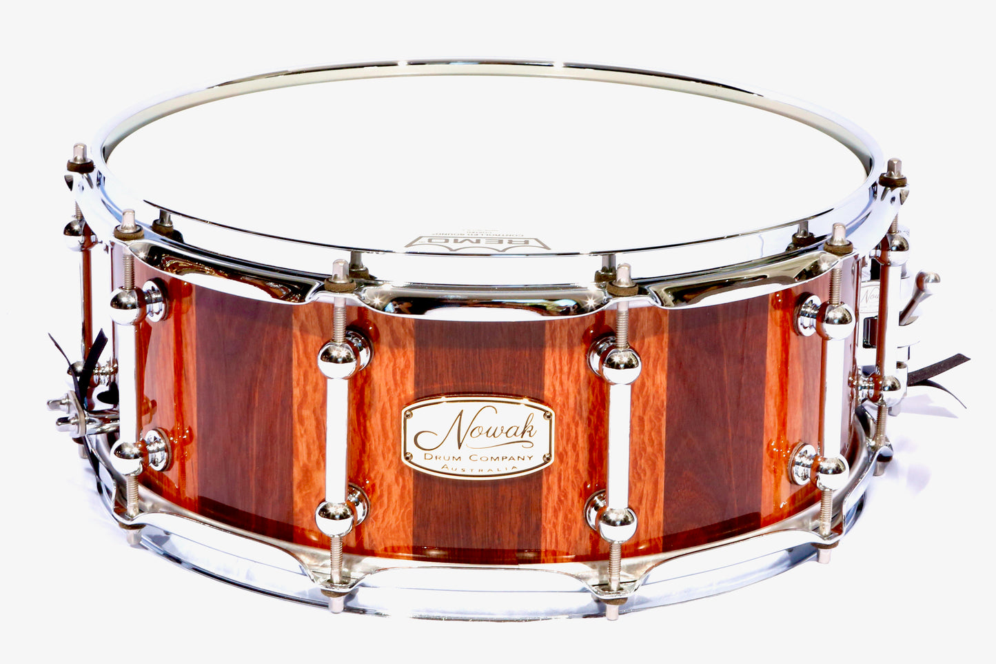 Jarrah & Sheoak Block Stave Snare Drum. Ultra High Gloss. 14″ x 6″ Chrome Hardware