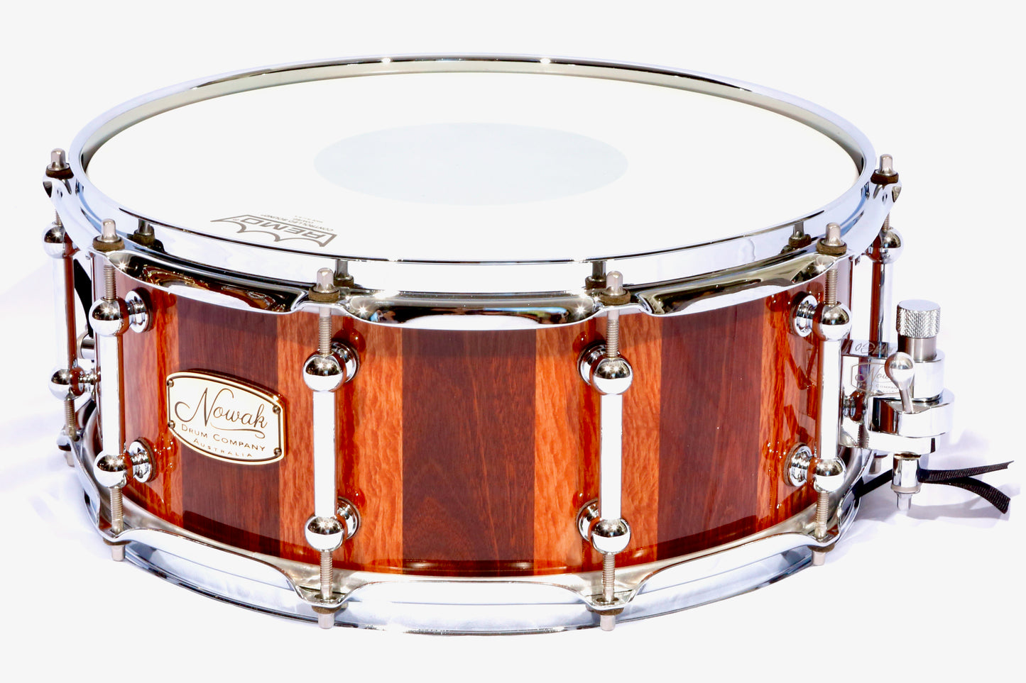 Jarrah & Sheoak Block Stave Snare Drum. Ultra High Gloss. 14″ x 6″ Chrome Hardware