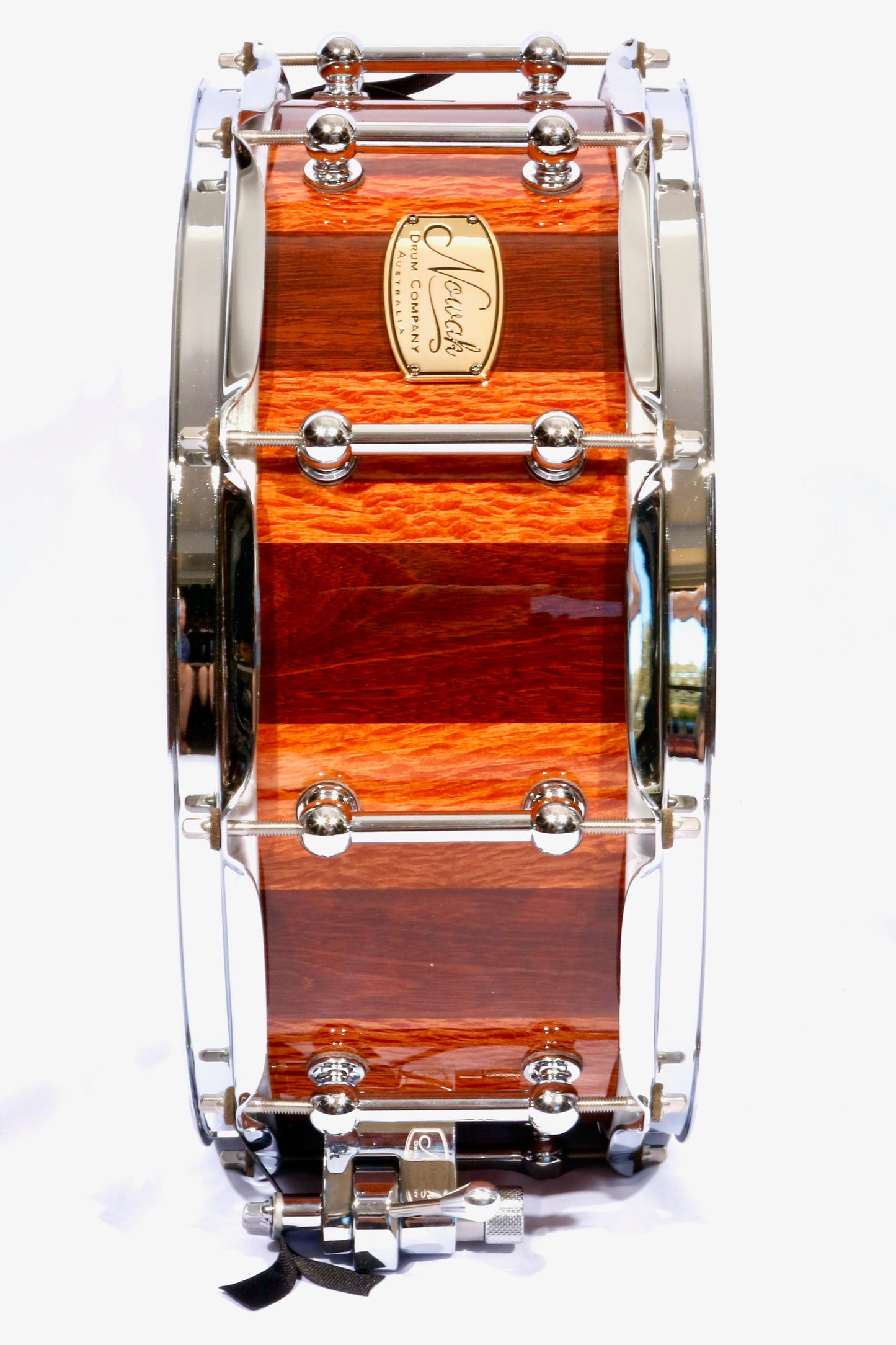 Jarrah & Sheoak Block Stave Snare Drum. Ultra High Gloss. 14″ x 6″ Chrome Hardware