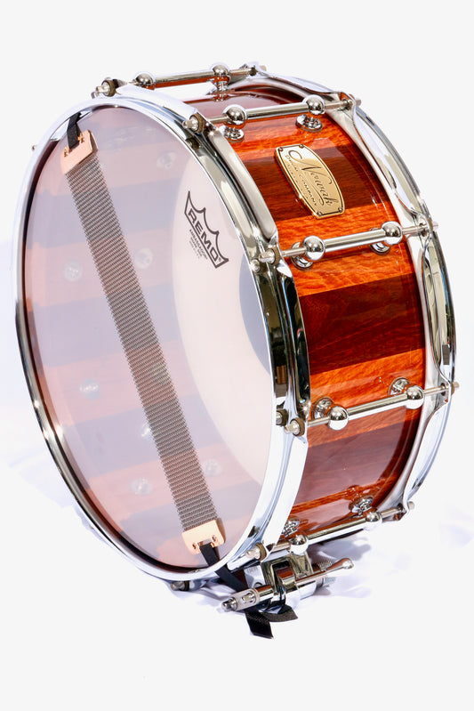 Jarrah & Sheoak Block Stave Snare Drum. Ultra High Gloss. 14″ x 6″ Chrome Hardware