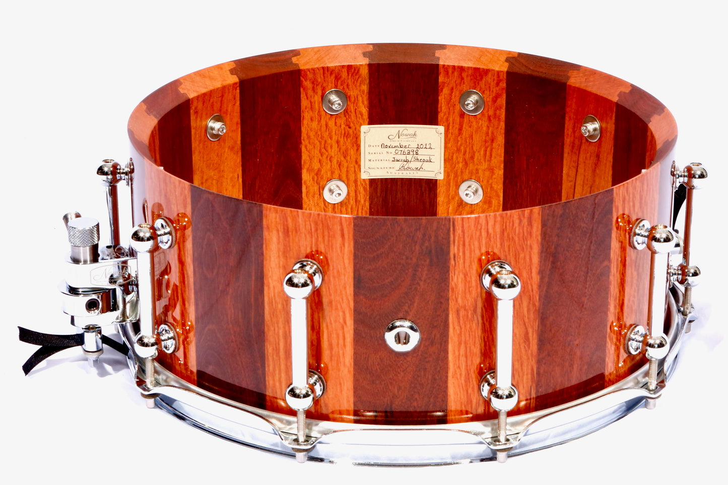 Jarrah & Sheoak Block Stave Snare Drum. Ultra High Gloss. 14″ x 6″ Chrome Hardware