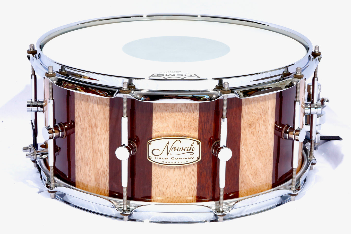 Jarrah & Blackbutt Block Stave Snare Drum. Ultra High Gloss. 14″ x 6 1/2″ Chrome Hardware