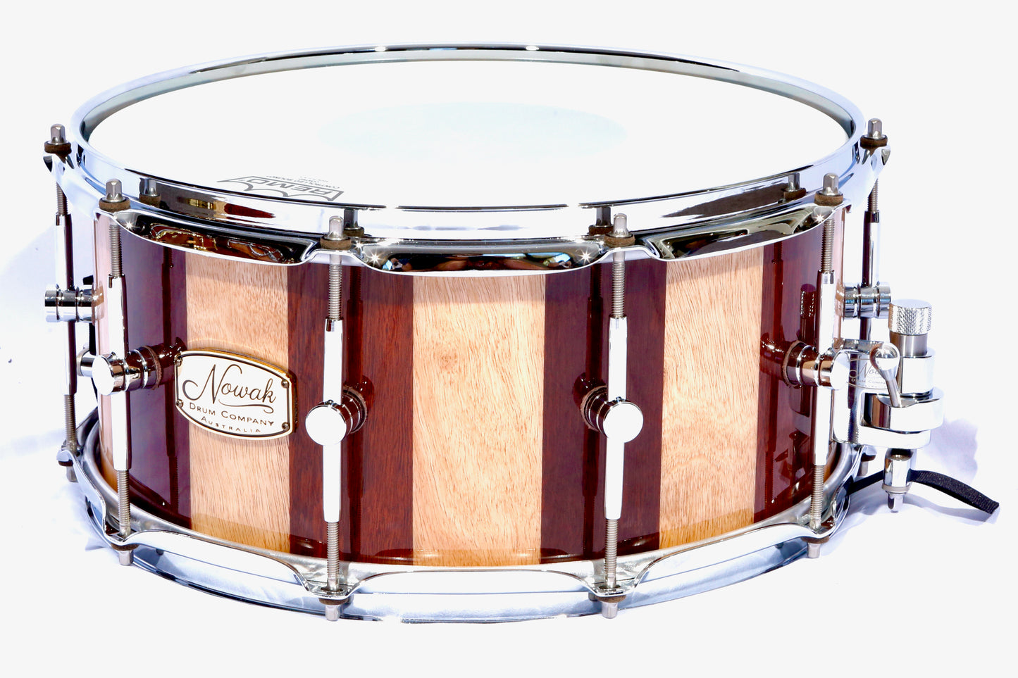 Jarrah & Blackbutt Block Stave Snare Drum. Ultra High Gloss. 14″ x 6 1/2″ Chrome Hardware