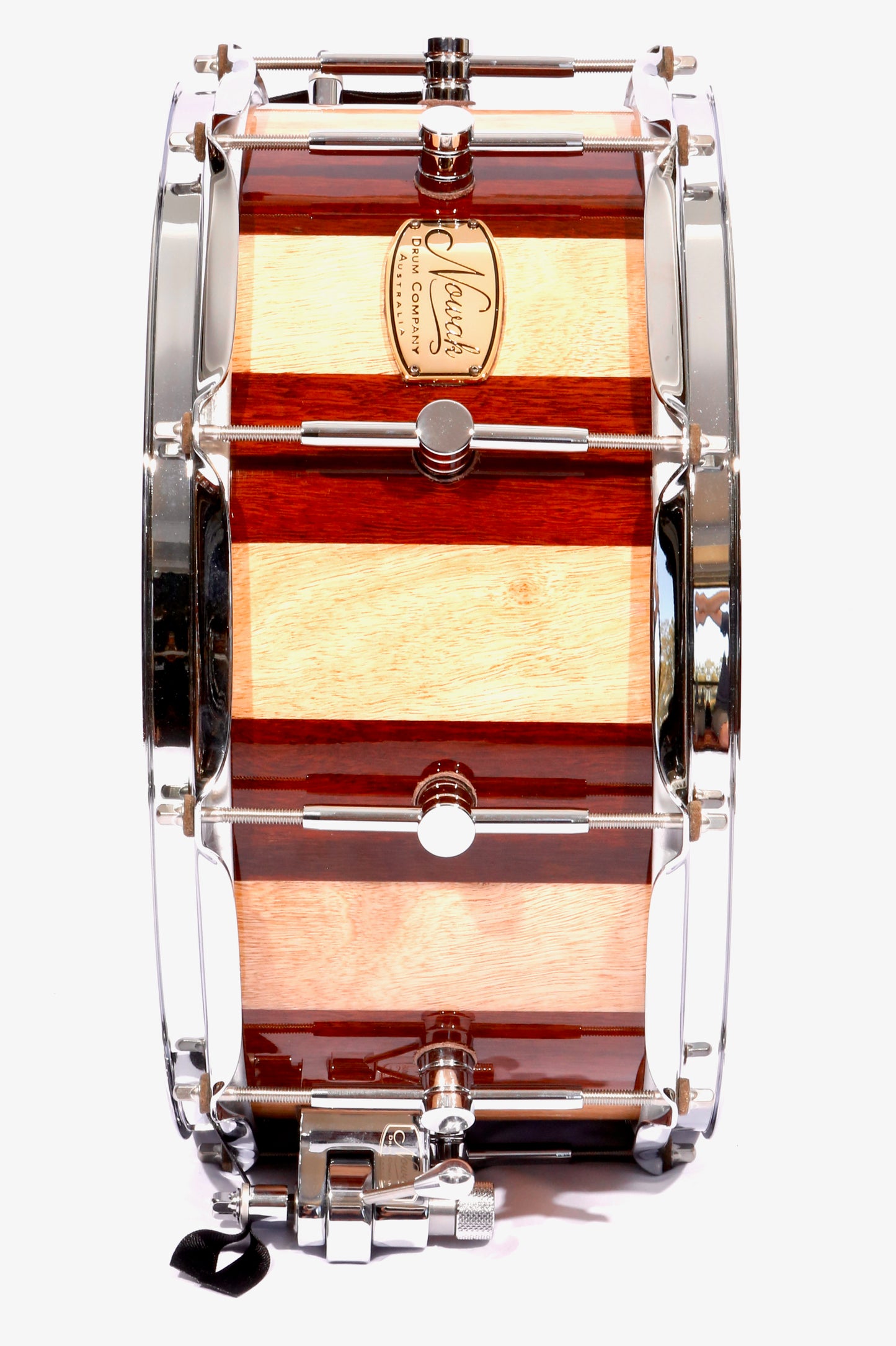 Jarrah & Blackbutt Block Stave Snare Drum. Ultra High Gloss. 14″ x 6 1/2″ Chrome Hardware